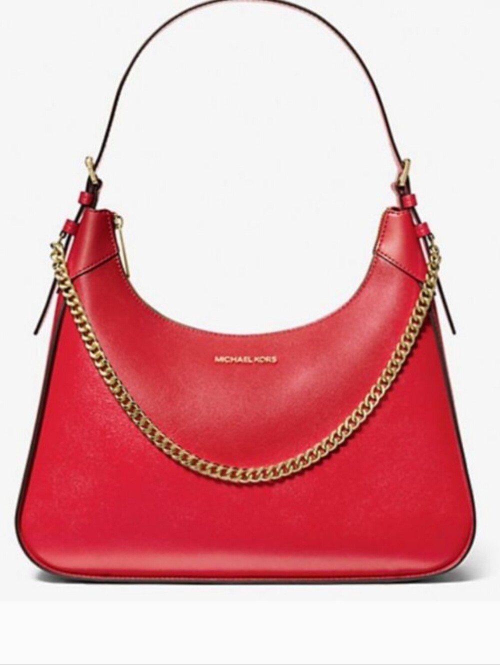 Michael Kors Wilma Large Red Leather Gold Chain-Trim Shoulder Bag
